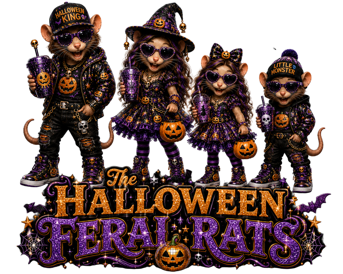 A Halloween-themed graphic featuring four rats dressed in purple and black witch-style outfits with sunglasses, holding jack-o'-lanterns, above large glittery text reading 'The Halloween Feral Rats'