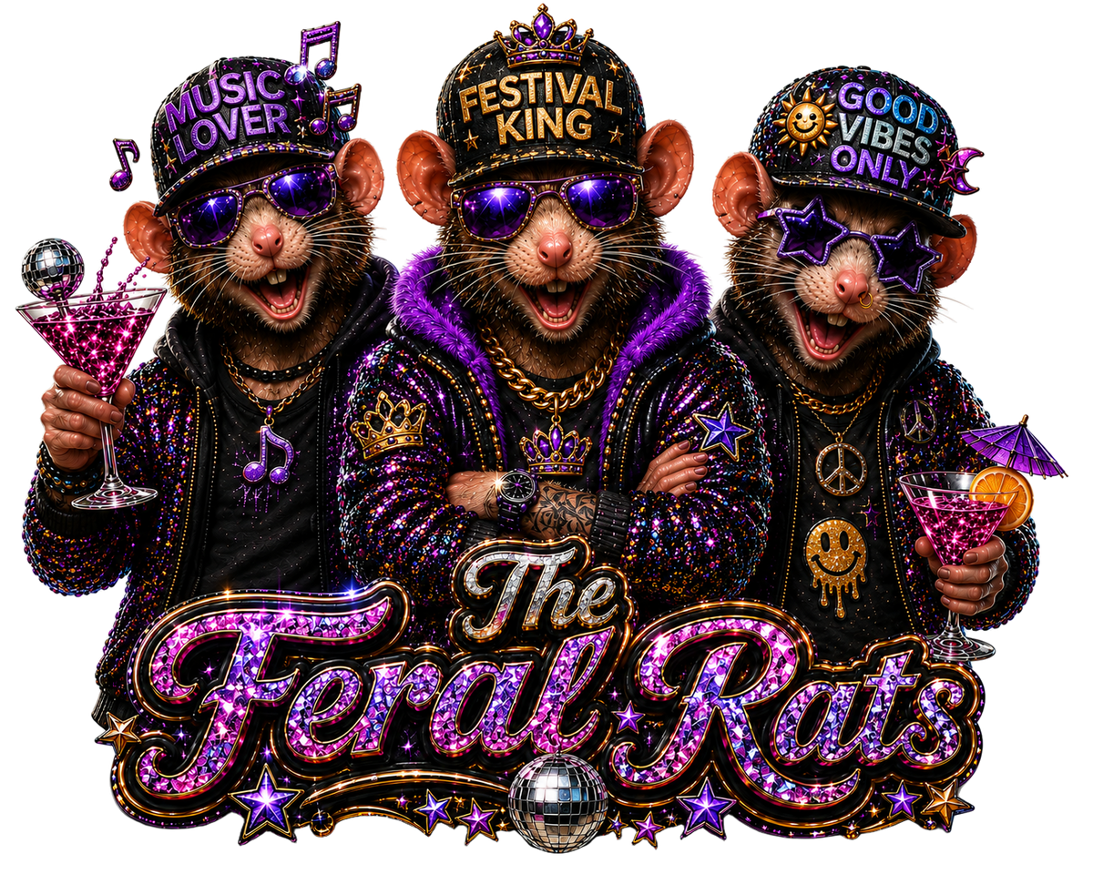 Three stylized rats wearing glittery black and purple outfits with caps, sunglasses, jewelry, and drinks, with the text 'The Feral Rats' below.