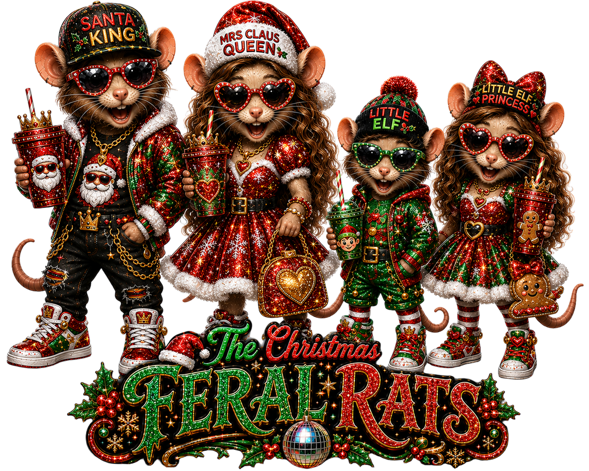 Four Christmas-themed rats wearing elaborate holiday costumes and sunglasses, standing together above a large decorative title reading 'The Christmas Feral Rats' with holly and ornaments.
