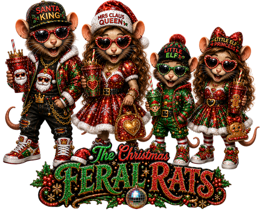Four Christmas-themed rats wearing elaborate holiday costumes and sunglasses, standing together above a large decorative title reading 'The Christmas Feral Rats' with holly and ornaments.