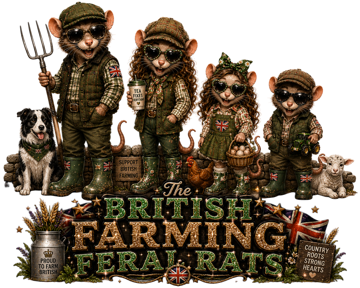 A decorative graphic featuring four farm animals dressed in rustic British farmer clothing, standing with a pitchfork, mug, basket of eggs, and small lamb, above the text 'The British Farming Feral Rats' with Union Jack and wheat motifs.