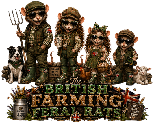 A decorative graphic featuring four farm animals dressed in rustic British farmer clothing, standing with a pitchfork, mug, basket of eggs, and small lamb, above the text 'The British Farming Feral Rats' with Union Jack and wheat motifs.