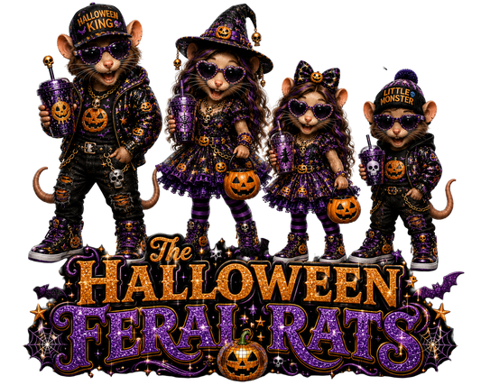 A Halloween-themed graphic featuring four rats dressed in purple and black witch-style outfits with sunglasses, holding jack-o'-lanterns, above large glittery text reading 'The Halloween Feral Rats' 