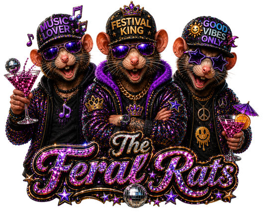 Three stylized rats wearing glittery black and purple outfits with caps, sunglasses, jewelry, and drinks, with the text 'The Feral Rats' below.