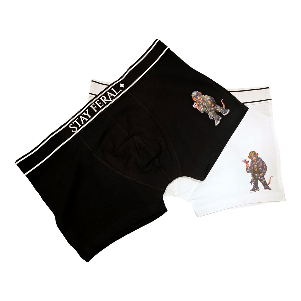 Feral Rats boxer shorts in black and white, showing the rat leg print