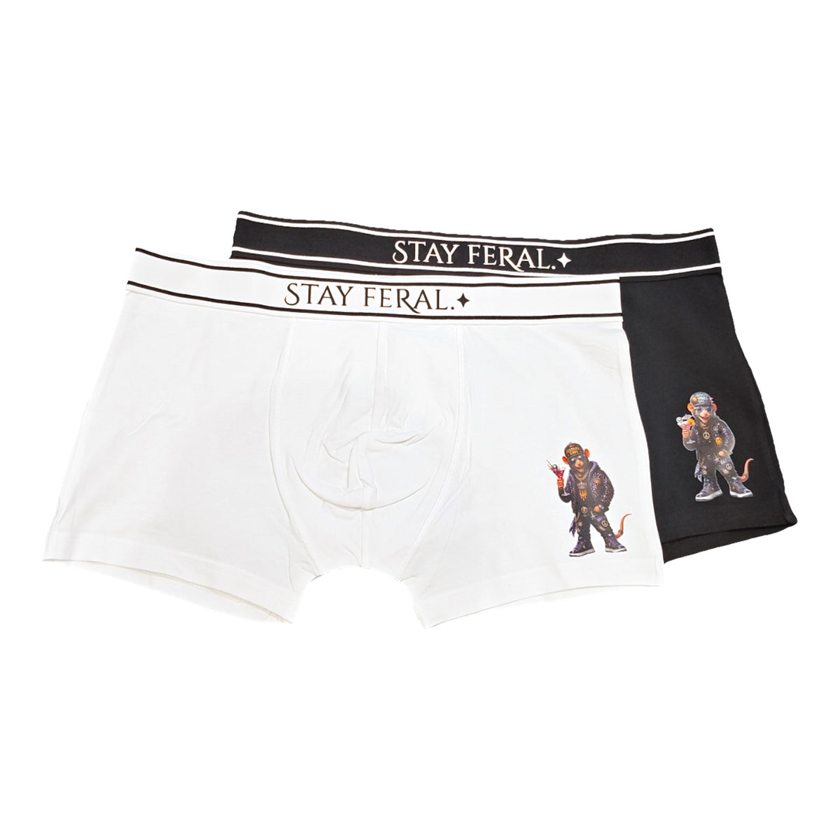 Feral Rats boxers 2 pack, one black and one white, with Stay Feral on the waistband and a rat printed on the leg