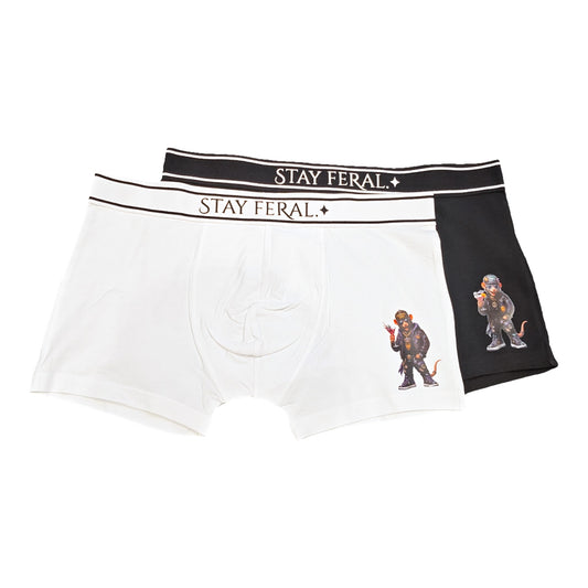 Feral Rats boxers 2 pack, one black and one white, with Stay Feral on the waistband and a rat printed on the leg
