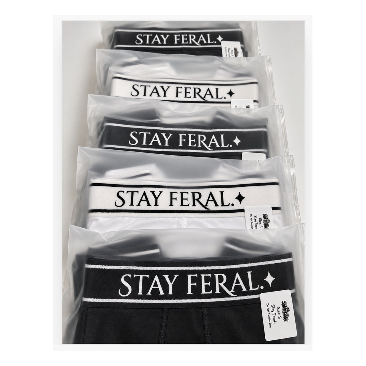 Feral Rats boxers bagged with a size and care label, ready to post
